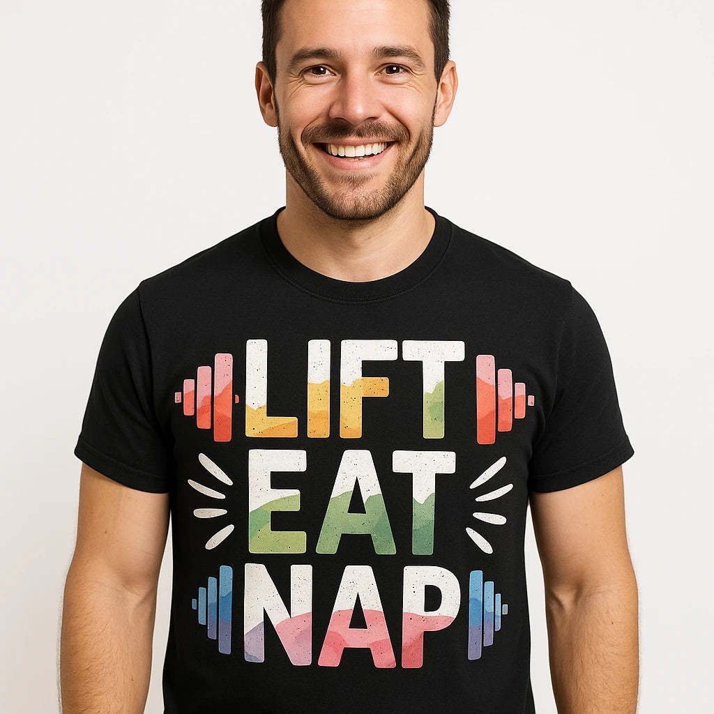 Close-up of the "Lift Eat Nap" gray print on a premium Bella+Canvas black exercise tee