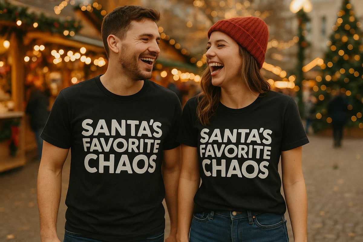 Person wearing the black christmas tees graphic tee - "Santas Favorite Chaos" design