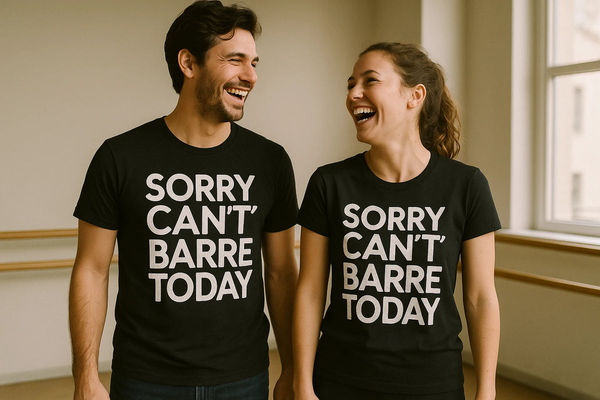 Person wearing the black graphic tee graphic tee - "Sorry Cant Barre Today" design
