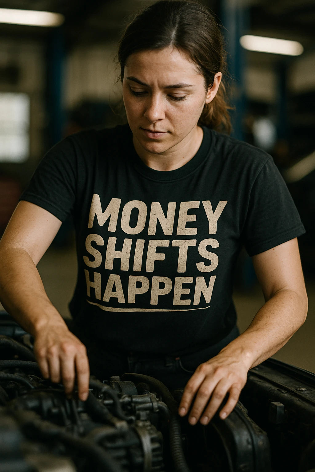 "Money Shifts Happen" black car graphic tees - also one of the cool gifts for car guys