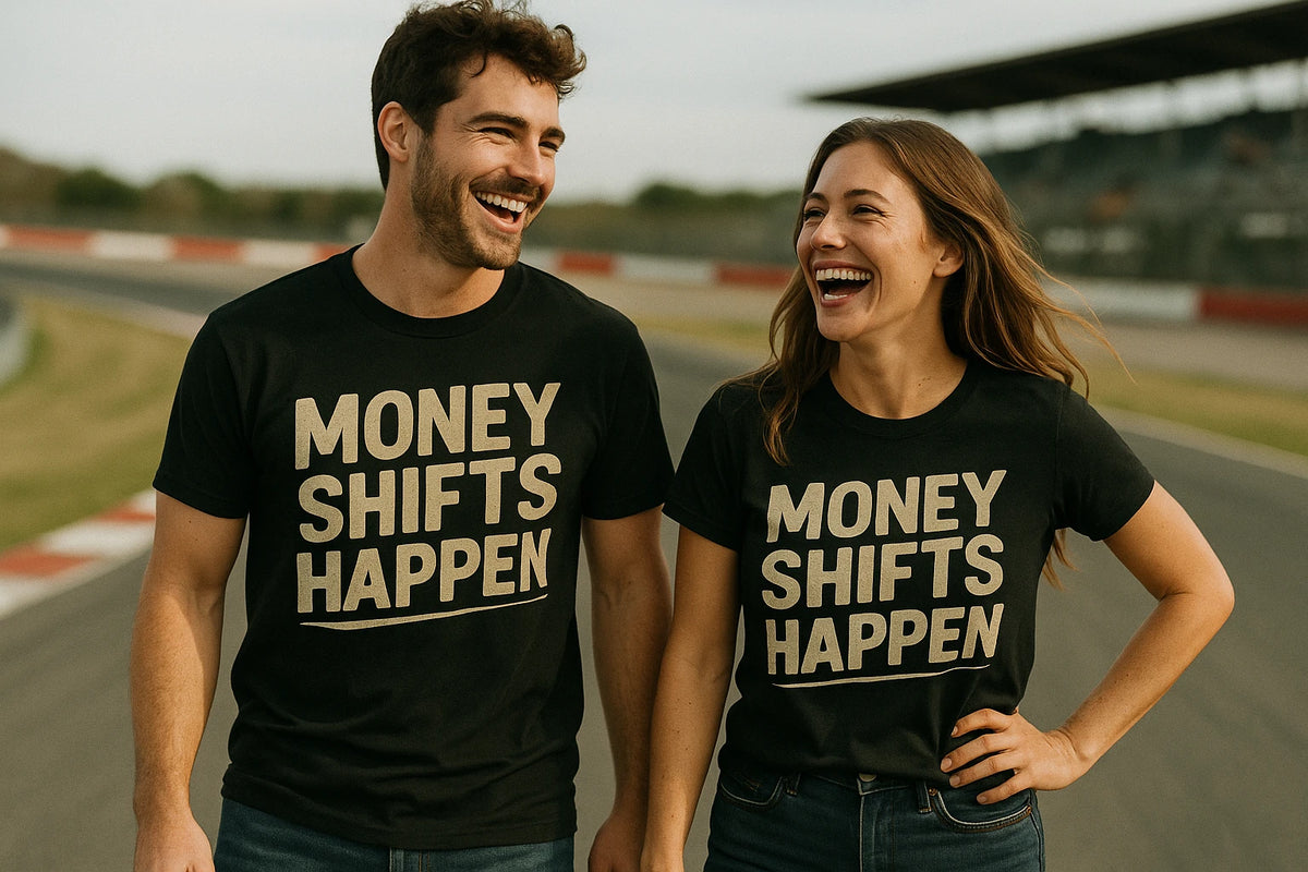 Person wearing the black car graphic tees graphic tee - "Money Shifts Happen" design
