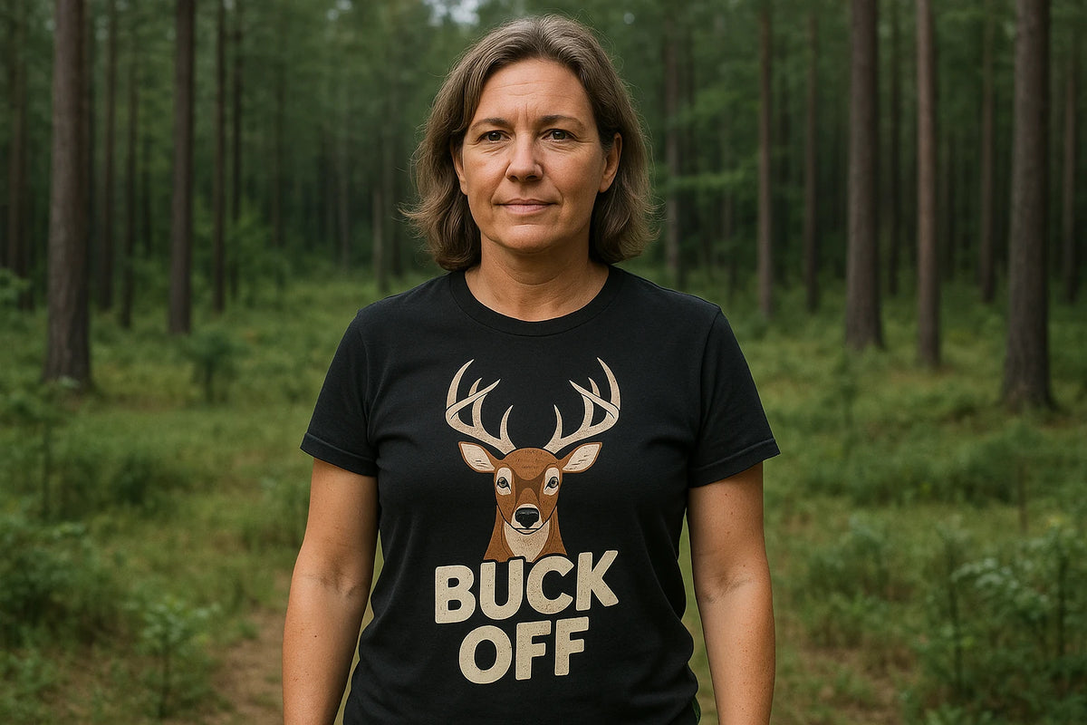Lifestyle shot of the "Buck Off" black deer t shirt in a real-world setting