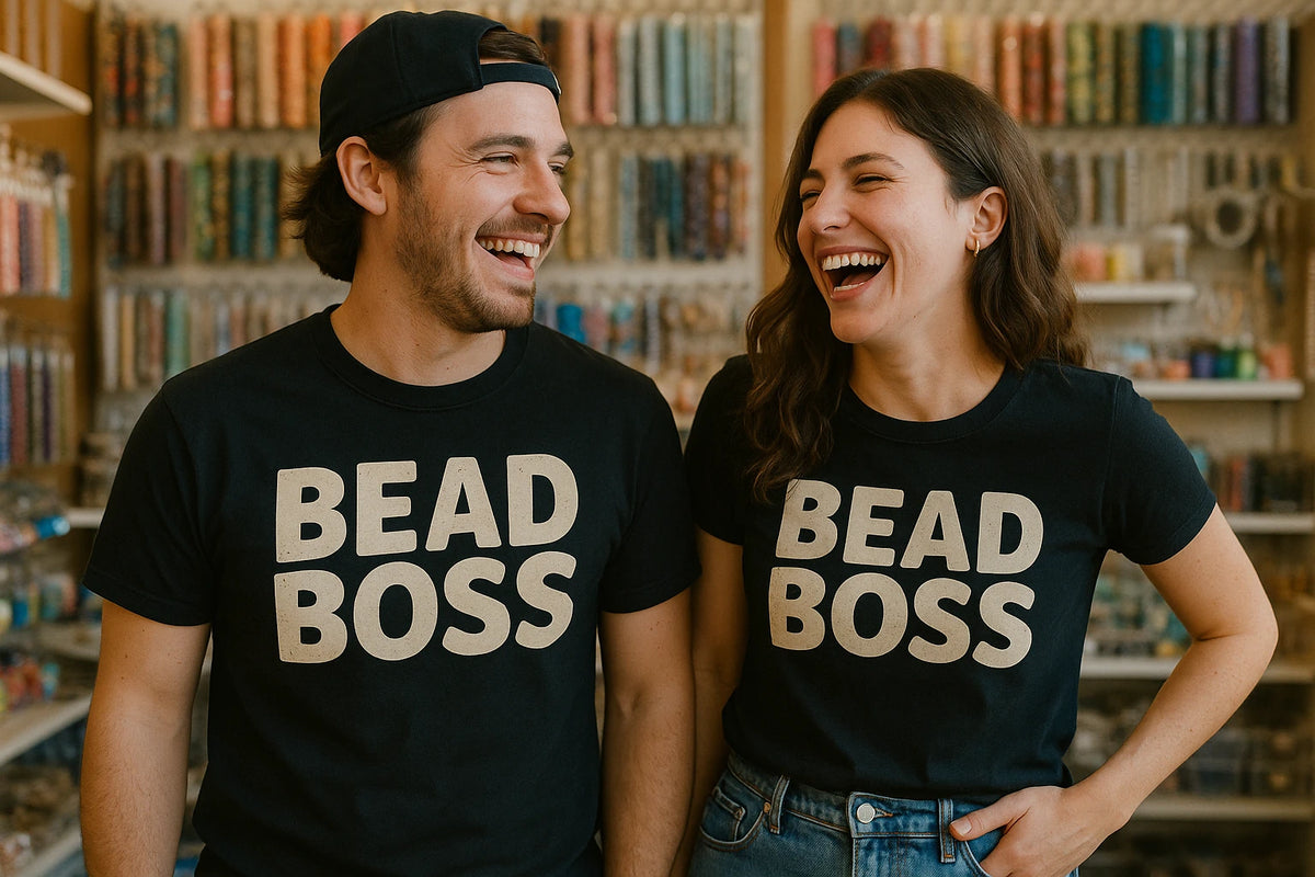 Person wearing the black jewelry making t shirt graphic tee - "Bead Boss" design