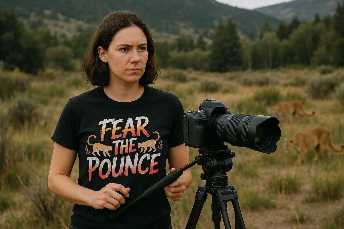 Lifestyle shot of the "Fear the Pounce" black cougar t shirt in a real-world setting