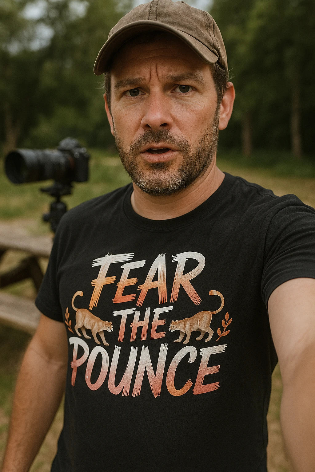 "Fear the Pounce" black cougar t shirt, photographed as cougar lover gift