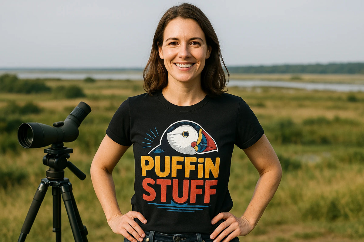 Lifestyle shot of the "Puffin Stuff" black bird watching t shirt in a real-world setting