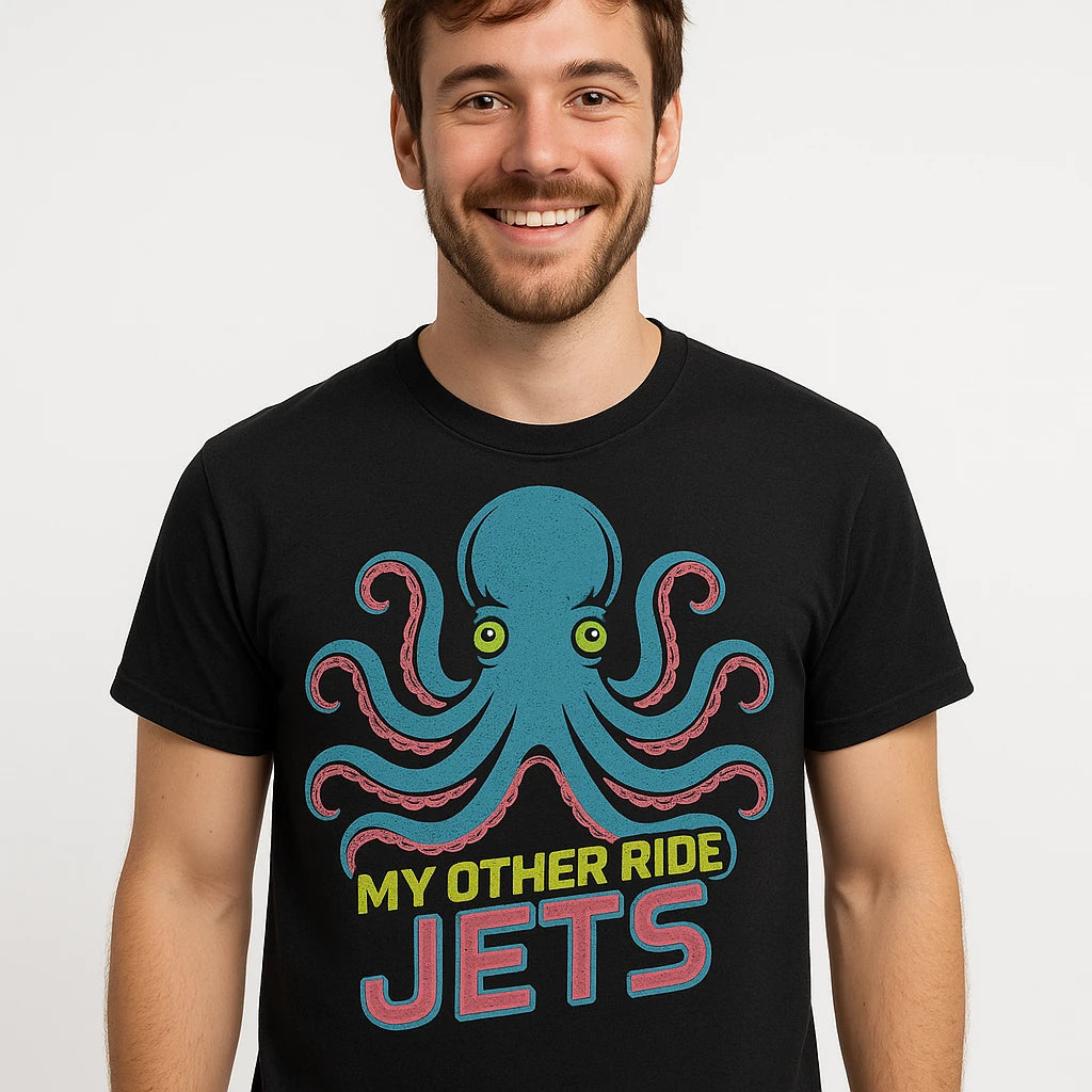 Close-up of the "My Other Ride Jets" teal print on a premium Bella+Canvas black octopuses t shirt