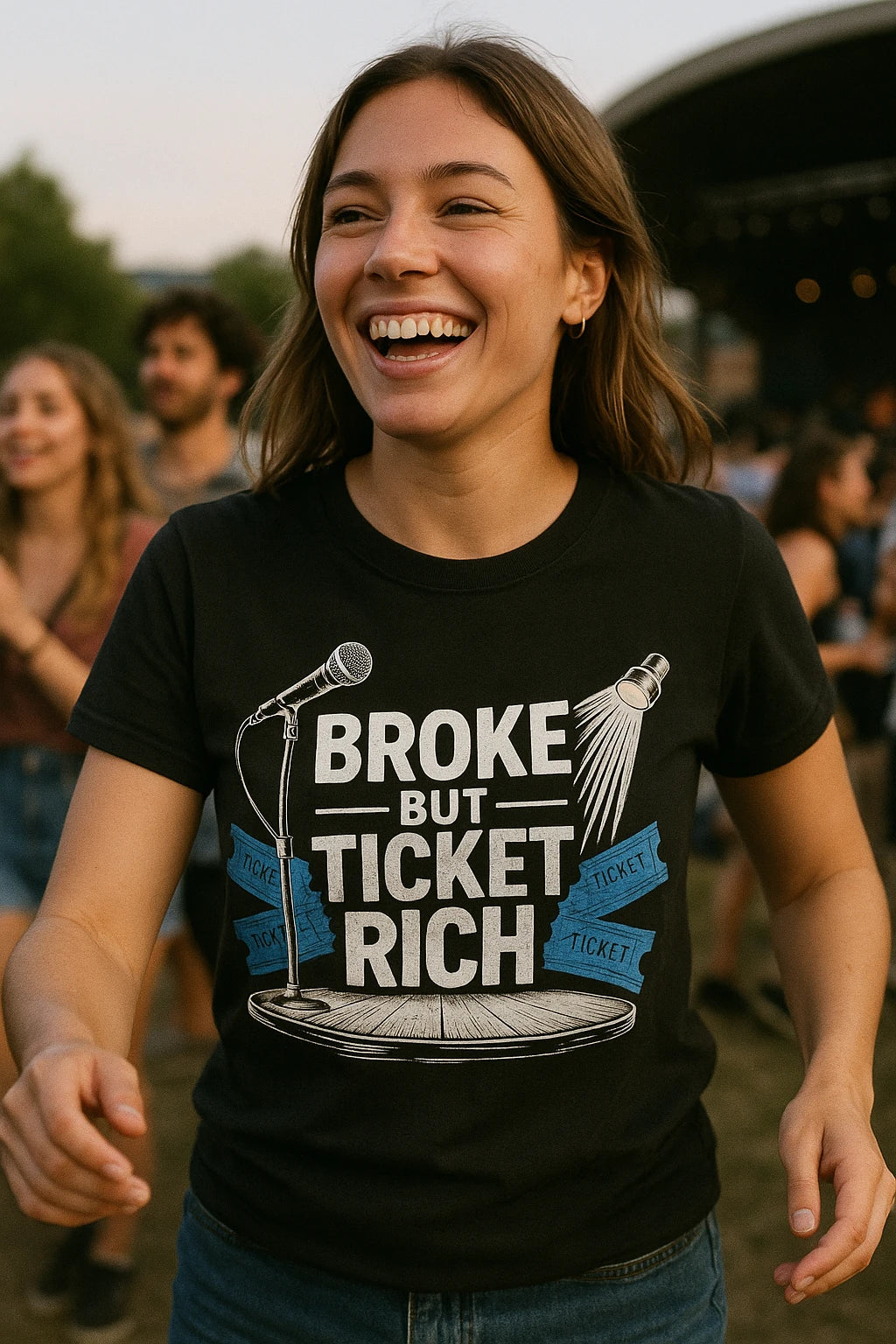 "Broke But Ticket Rich" black vintage concert t shirts, photographed as gift for concert lover