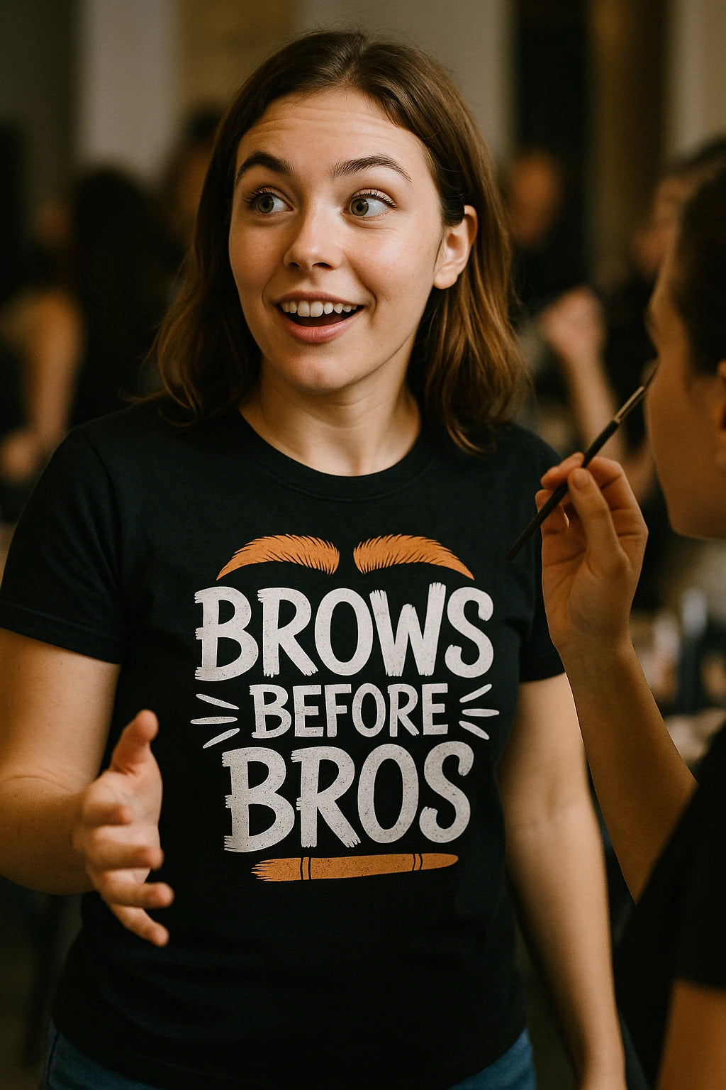"Brows Before Bros" black makeup artist t shirt - also a foundation sets for makeup artists