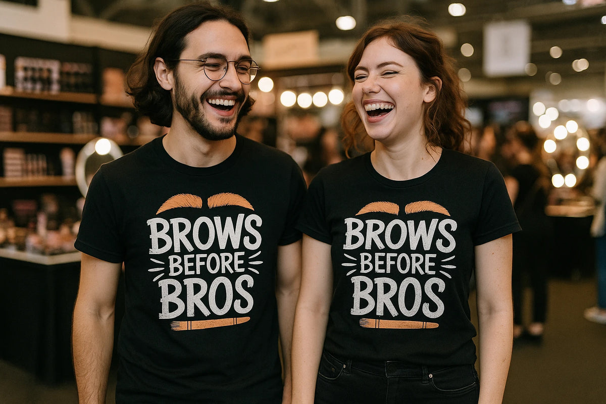 Person wearing the black makeup artist t shirt graphic tee - "Brows Before Bros" design