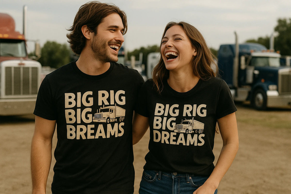 Person wearing the black trucks shirts graphic tee - "Big Rig Big Dreams" design
