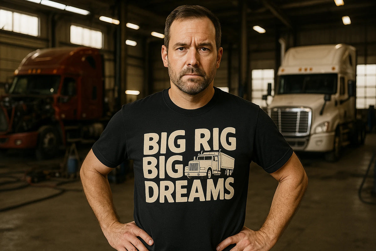 Lifestyle shot of the "Big Rig Big Dreams" black trucks shirts in a real-world setting