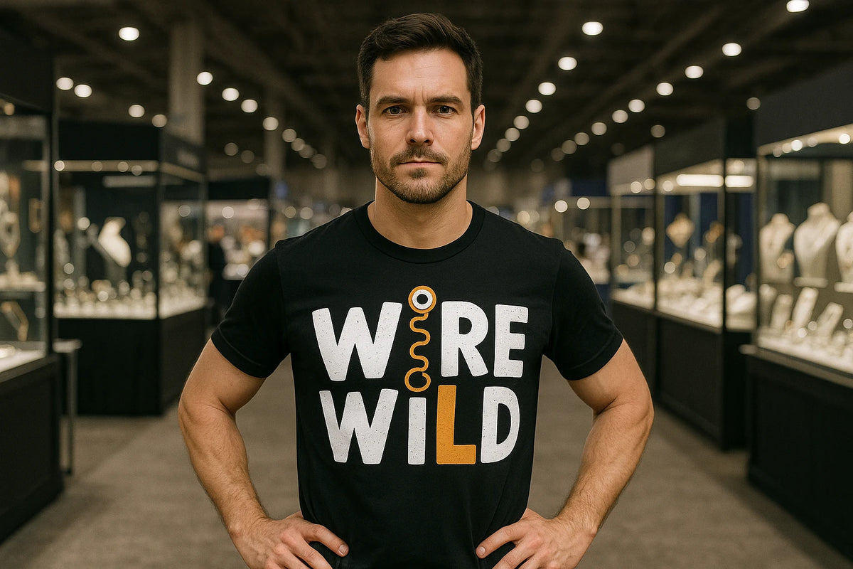 Lifestyle shot of the "Wire Wild" black jewelry making t shirt in a real-world setting