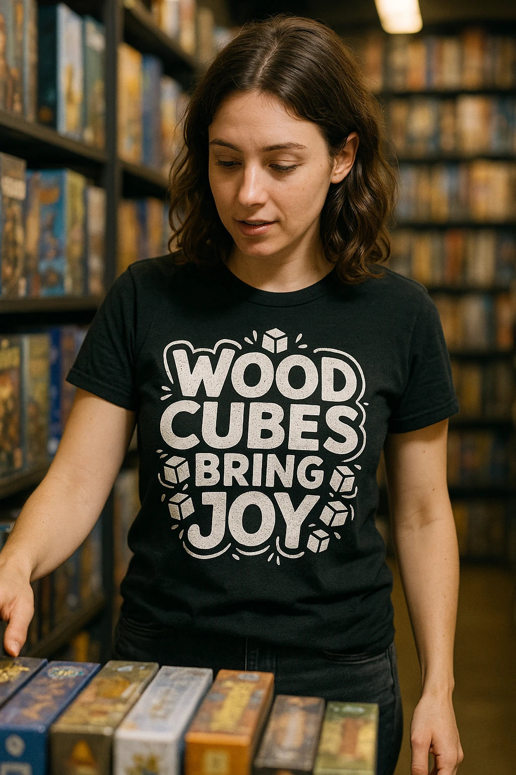 "Wood Cubes Bring Joy" black board game shirts - also one of the best gifts for board gamers