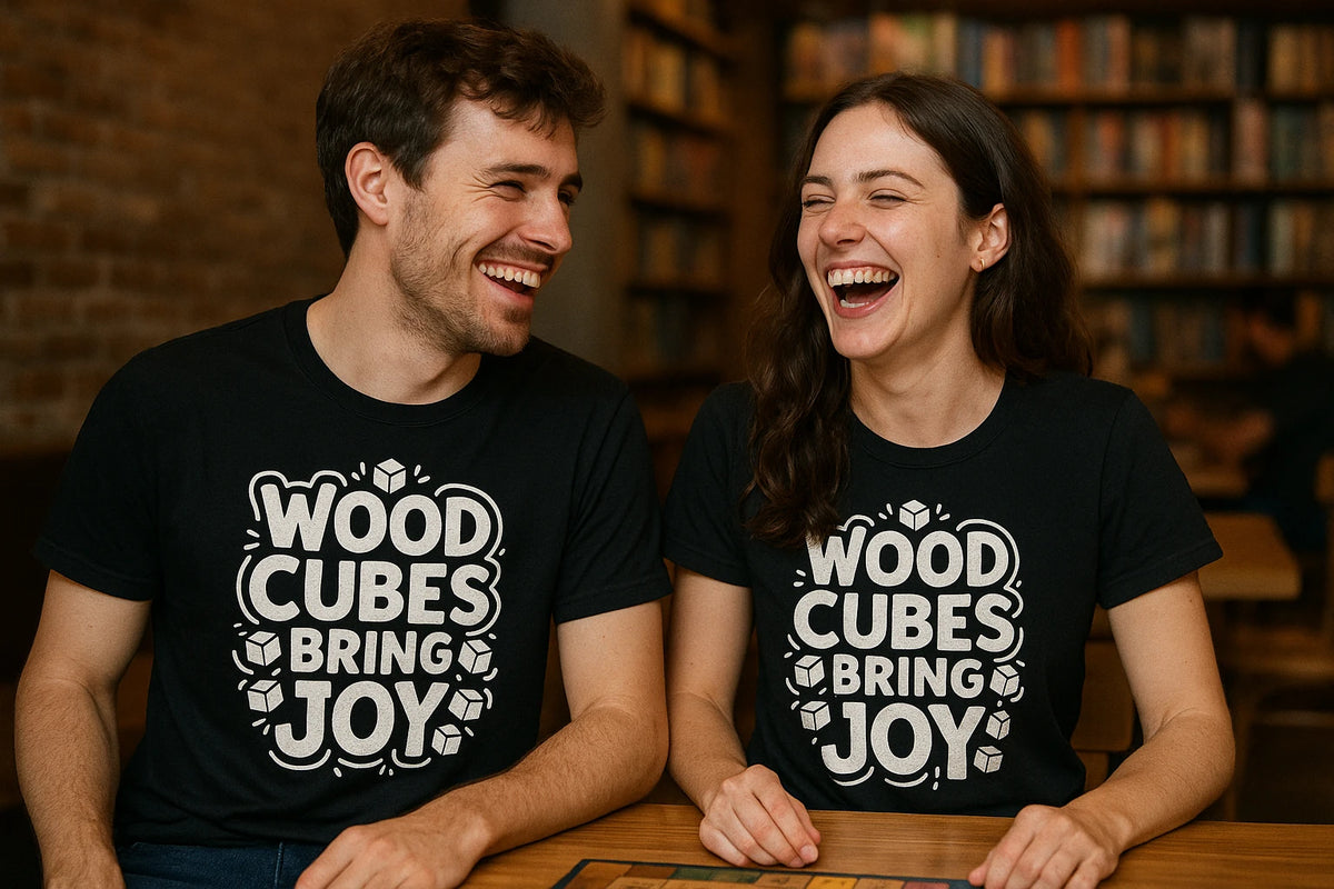 Person wearing the black board game shirts graphic tee - "Wood Cubes Bring Joy" design