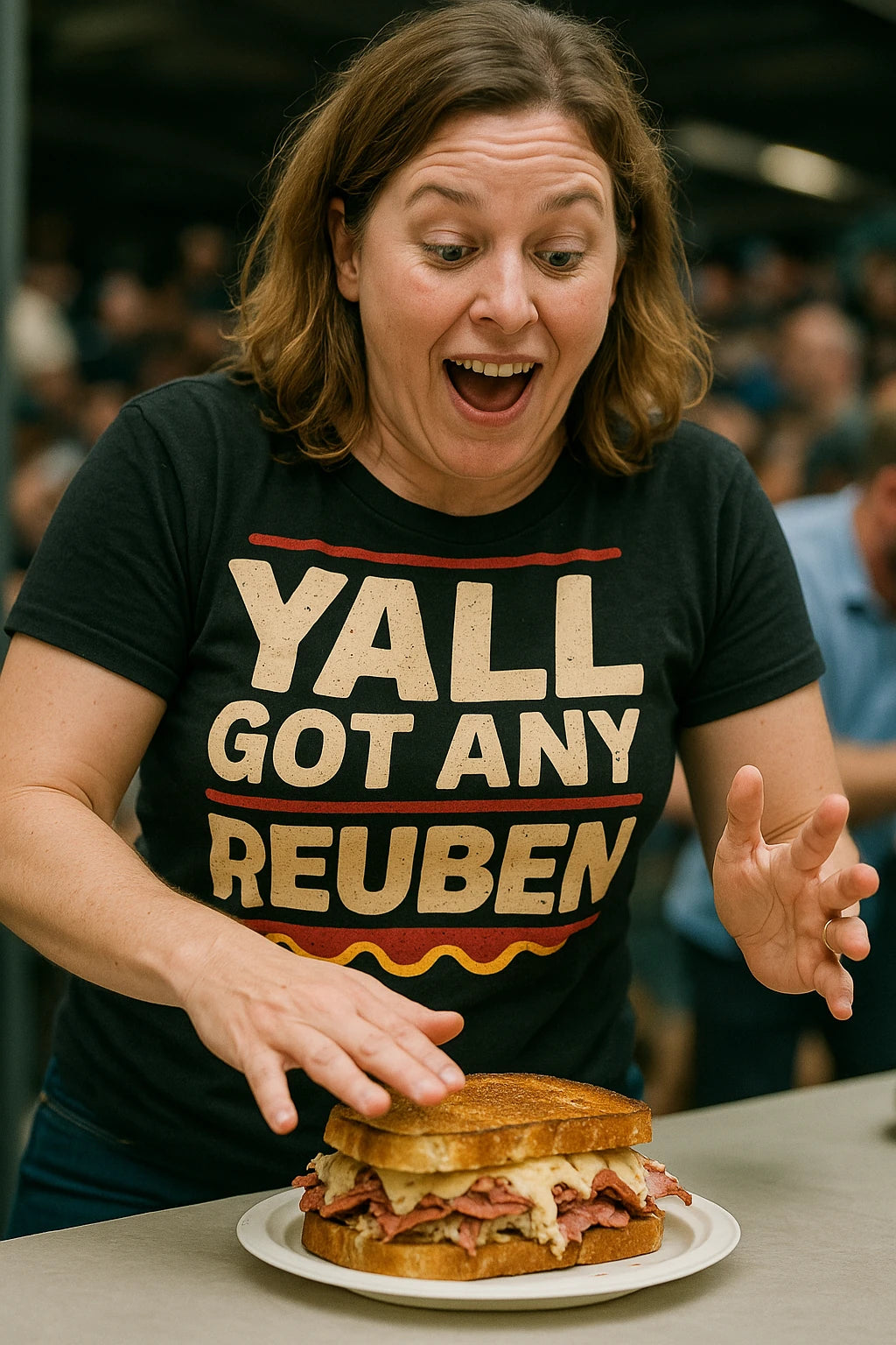 "Yall Got Any Reuben" black sandwich t shirt, photographed as gifts for sandwich lovers