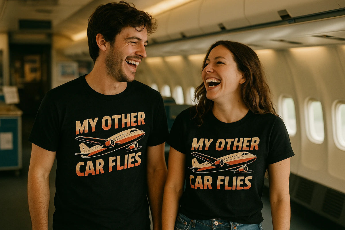 Person wearing the black airplane t shirt graphic tee - "My Other Car Flies" design