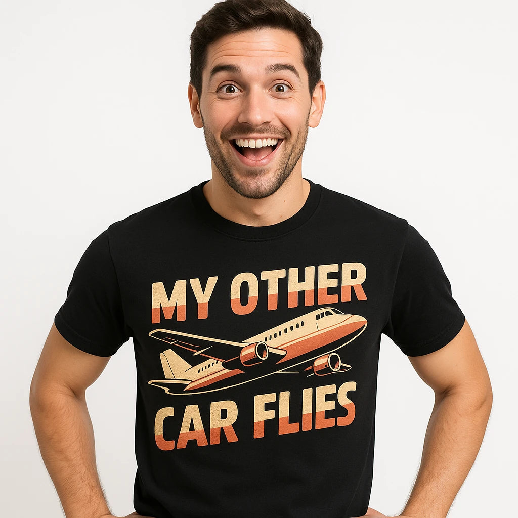 Close-up of the "My Other Car Flies" beige print on a premium Bella+Canvas black airplane t shirt