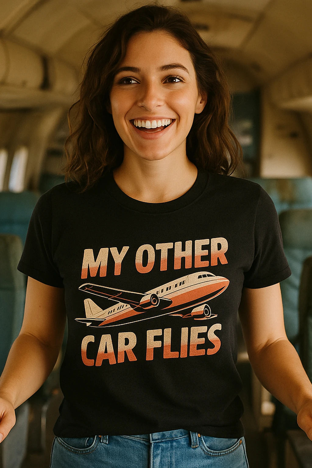 "My Other Car Flies" black airplane t shirt, photographed as gifts for airplane enthusiasts