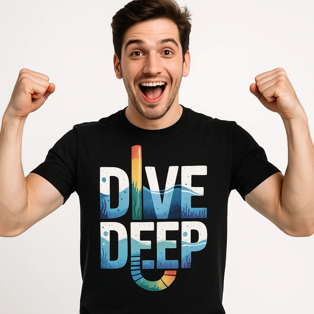Close-up of the "Dive Deep" gray print on a premium Bella+Canvas black snorkeling shirts