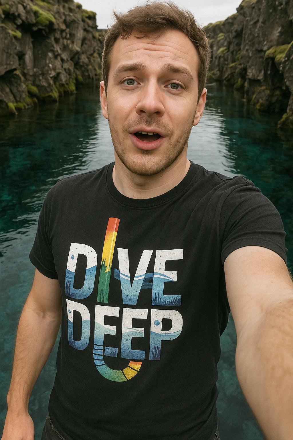 "Dive Deep" black snorkeling shirts, photographed as gift for snorkeling lover