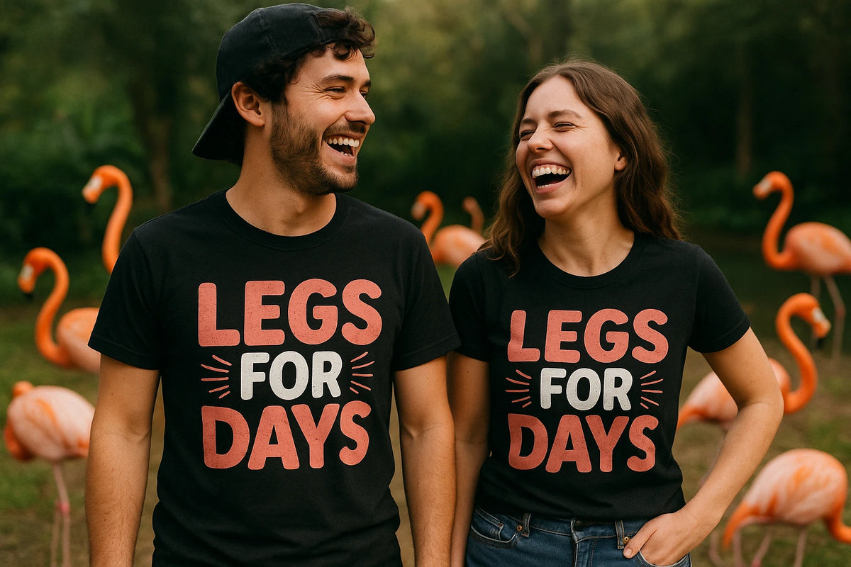 Lifestyle shot of the "Legs for Days" black flamingo shirts in a real-world setting