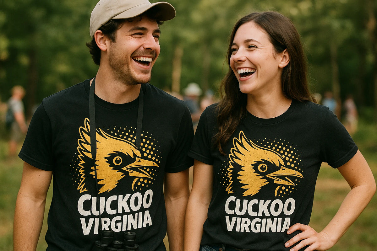 Person wearing the black t shirt cuckoo graphic tee - "Cuckoo Virginia" design