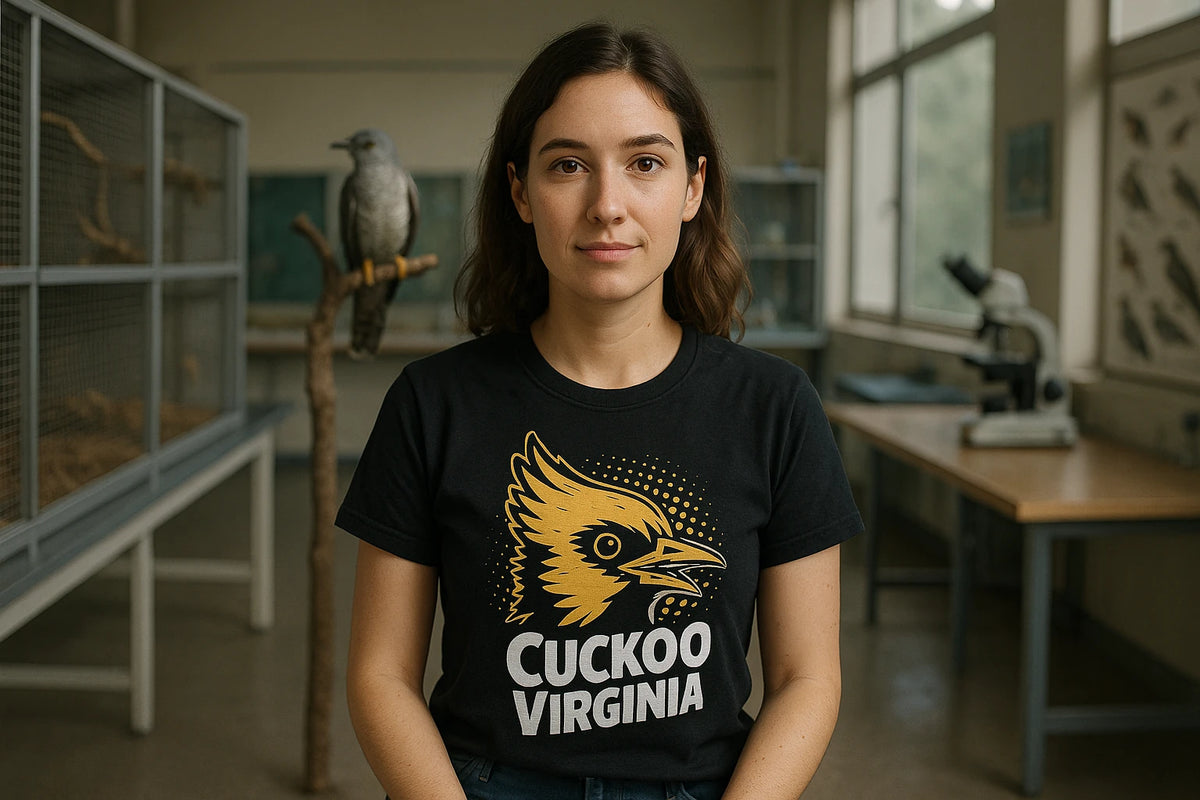 Lifestyle shot of the "Cuckoo Virginia" black t shirt cuckoo in a real-world setting