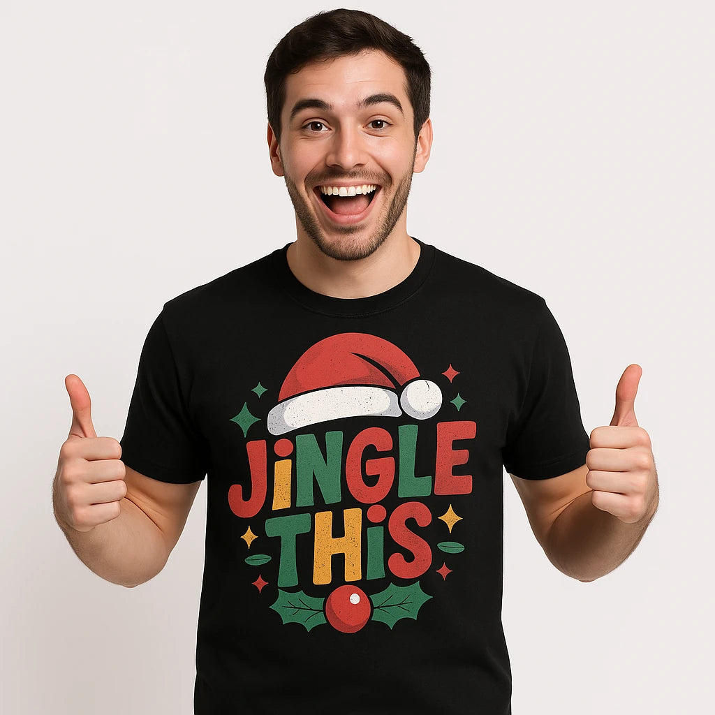 Close-up of the "Jingle This" orange print on a premium Bella+Canvas black womens christmas tshirt