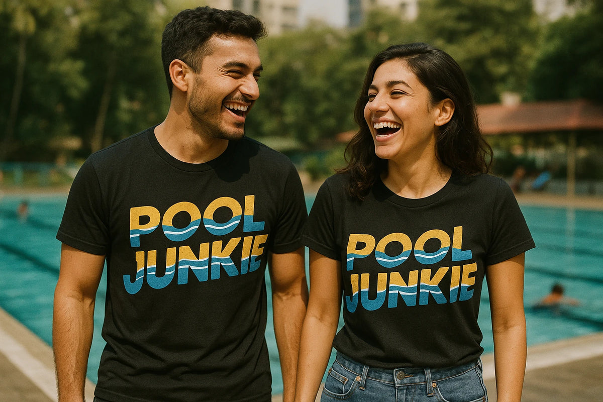 Person wearing the black women's uv shirts for swimming graphic tee - "Pool Junkie" design