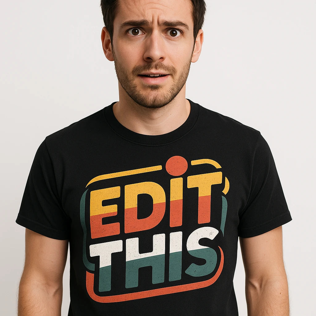 Close-up of the "Edit This" tan print on a premium Bella+Canvas black journalist t shirt