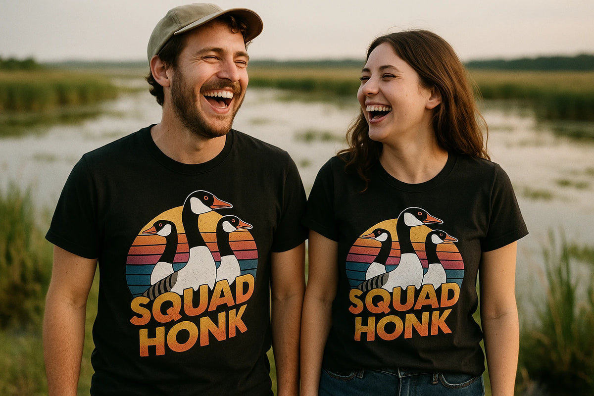 Person wearing the black geese t shirt graphic tee - "Squad Honk" design