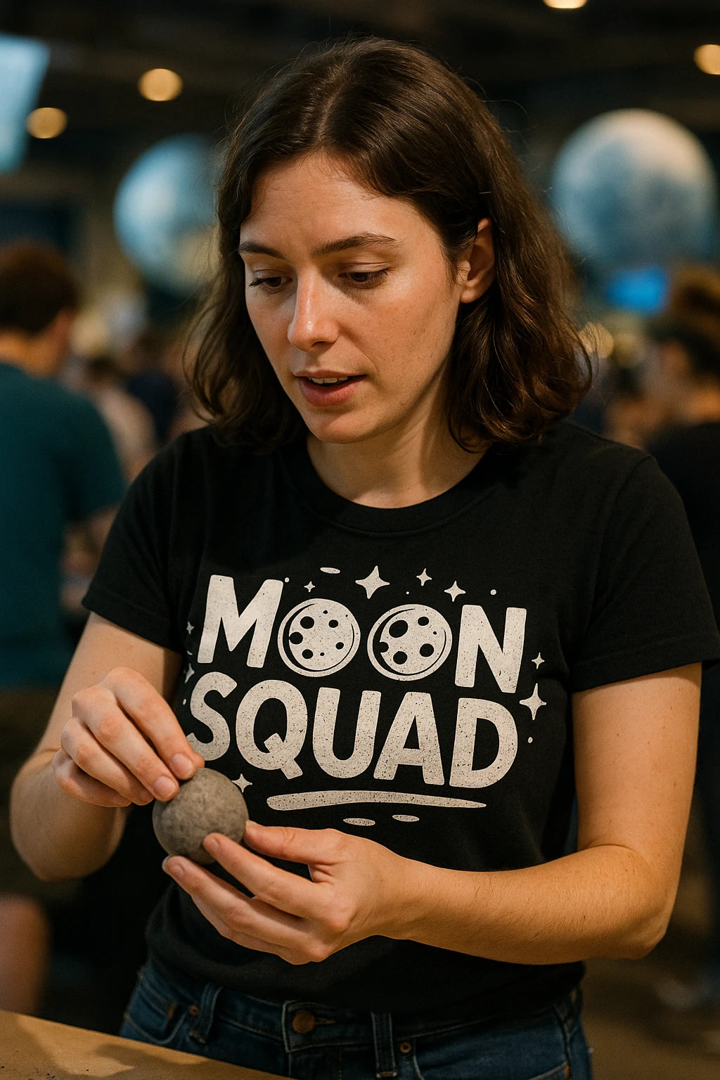 "Moon Squad" black blue moon t shirt, photographed as gifts for moon lovers