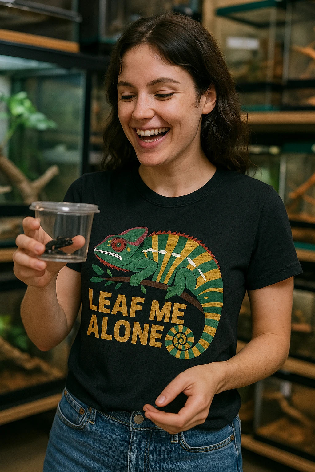 "Leaf Me Alone" black chameleon shirts, photographed as gifts for chameleon lovers