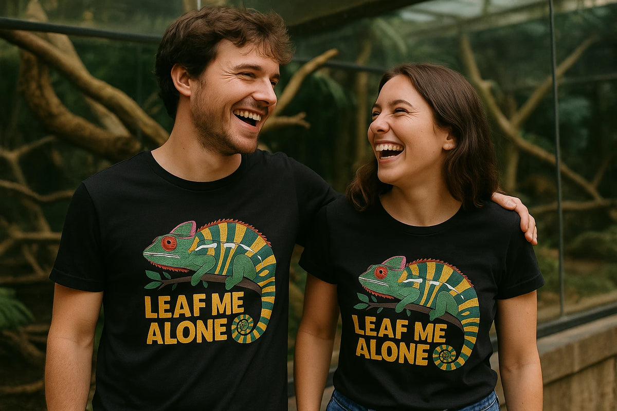 Person wearing the black chameleon shirts graphic tee - "Leaf Me Alone" design