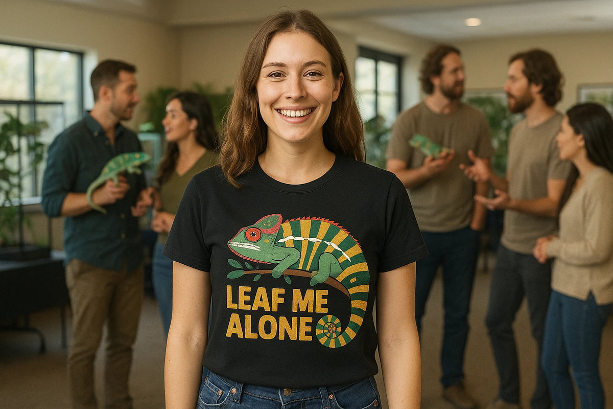 Lifestyle shot of the "Leaf Me Alone" black chameleon shirts in a real-world setting