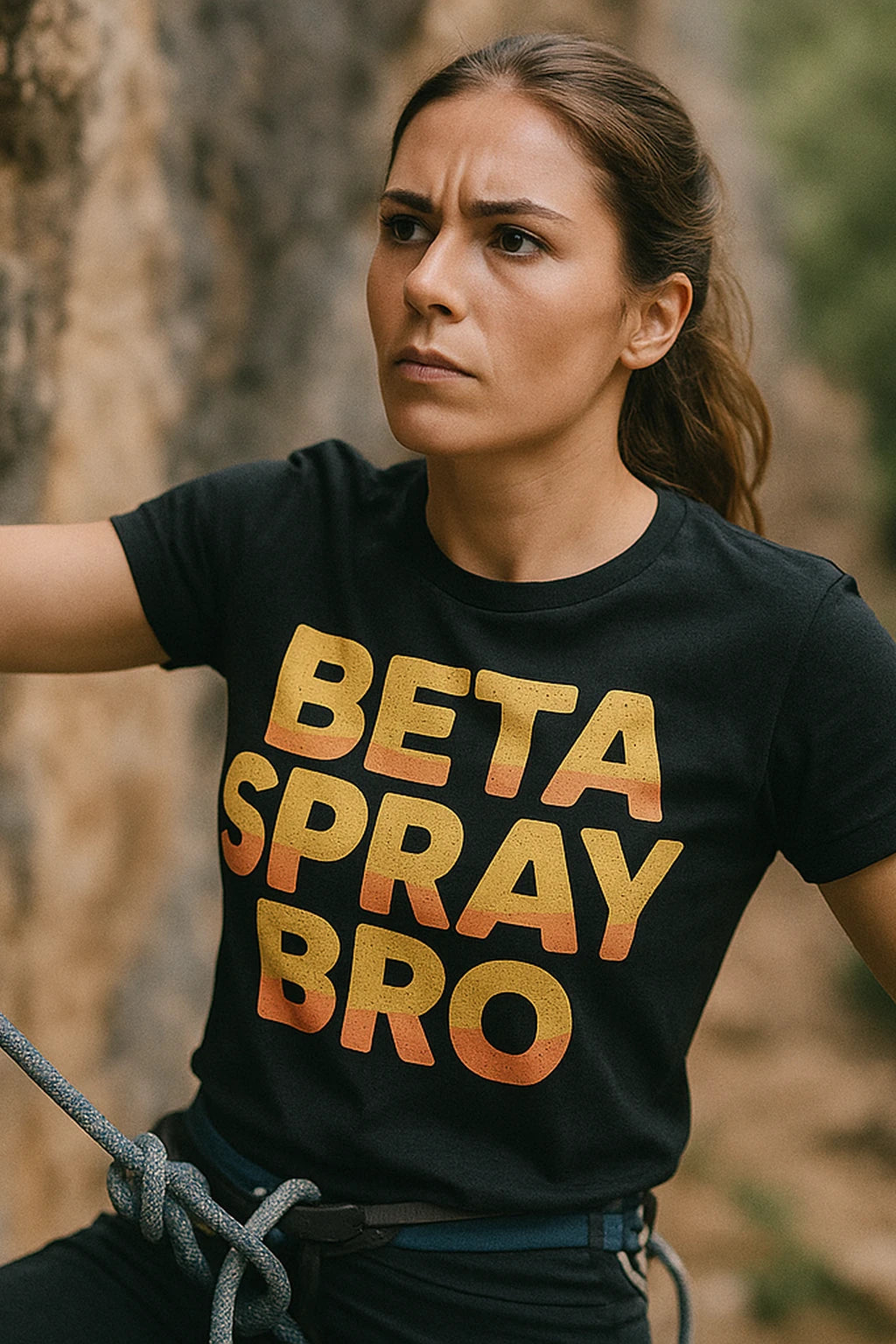 "Beta Spray Bro" black rock climbing t shirt, photographed as rock climbing lover gift