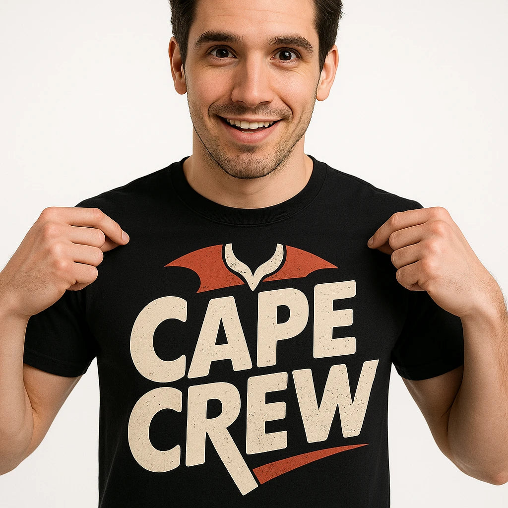 Close-up of the "Cape Crew" cream print on a premium Bella+Canvas black mona the vampire t shirt