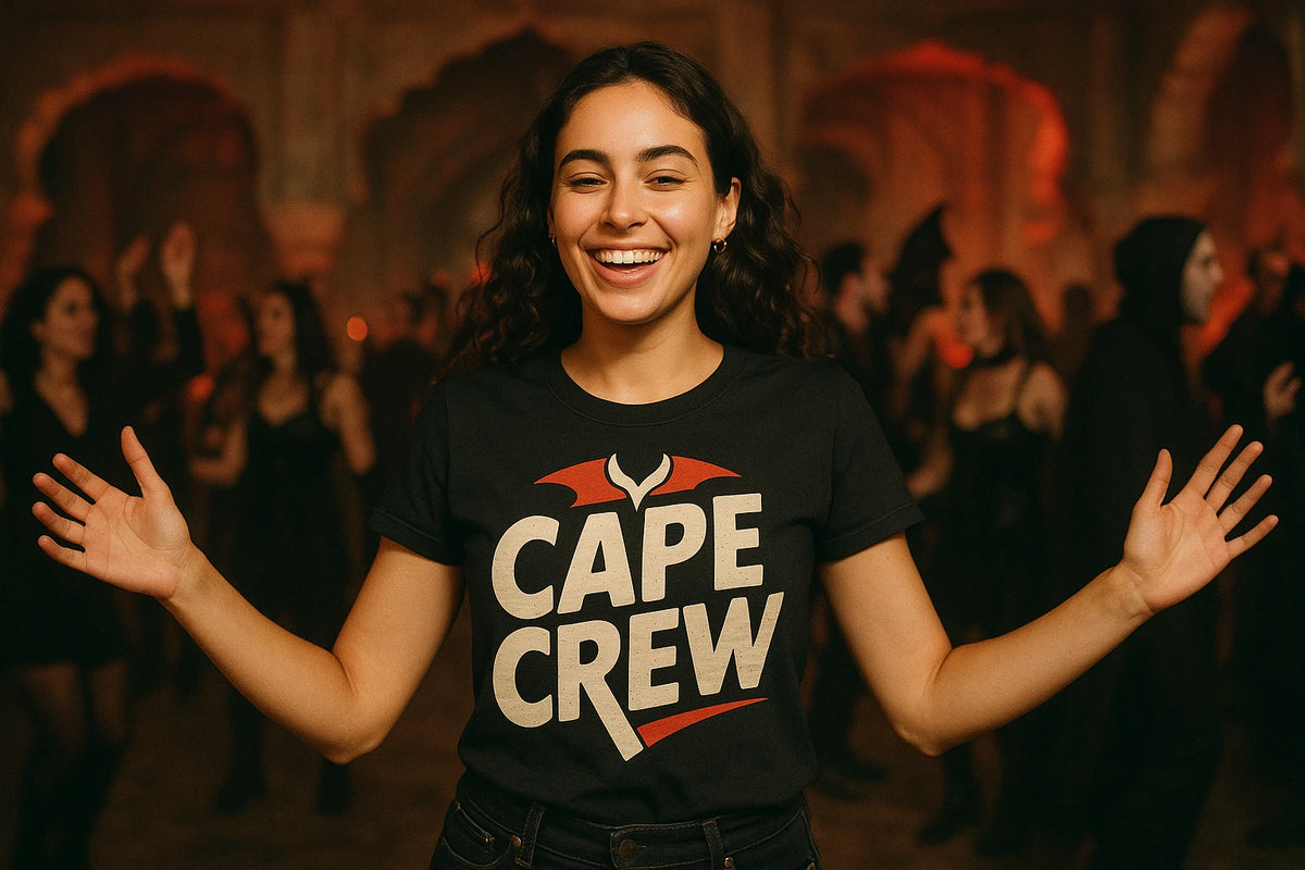 Lifestyle shot of the "Cape Crew" black mona the vampire t shirt in a real-world setting