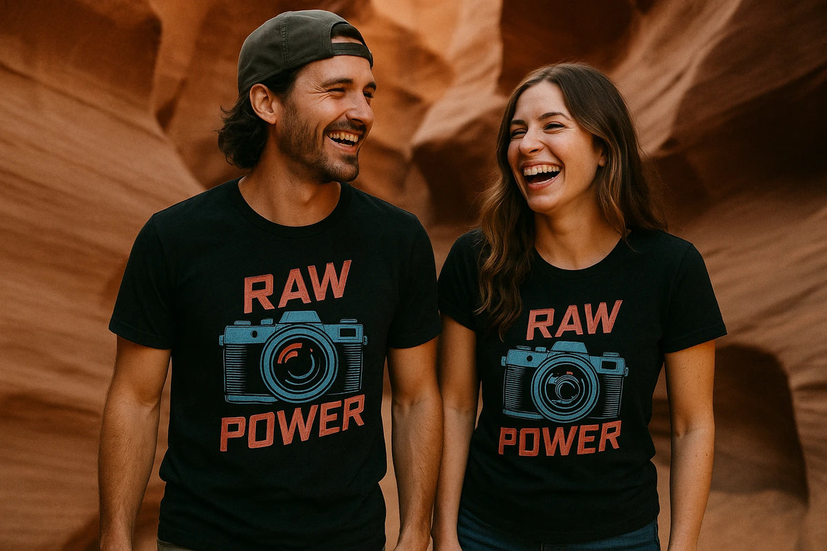 Person wearing the black photographer t shirt graphic tee - "Raw Power" design