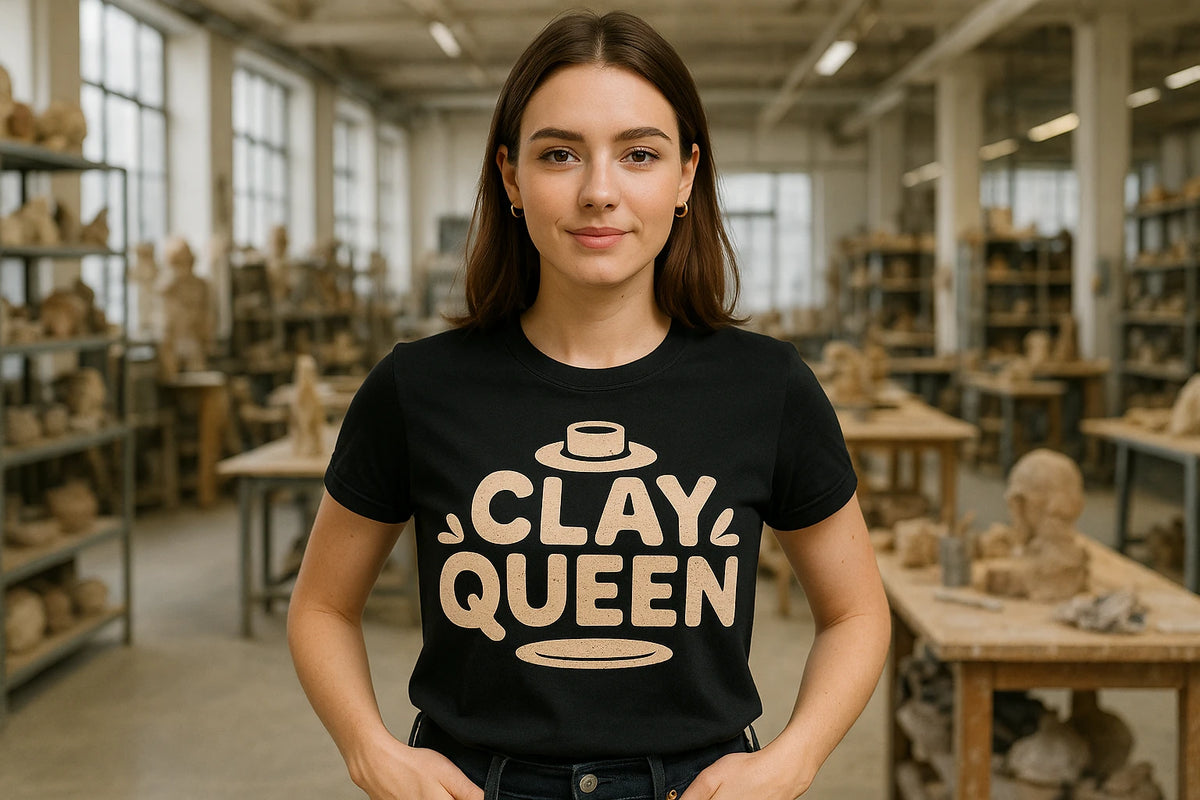 Lifestyle shot of the "Clay Queen" black sculpting t shirt in a real-world setting