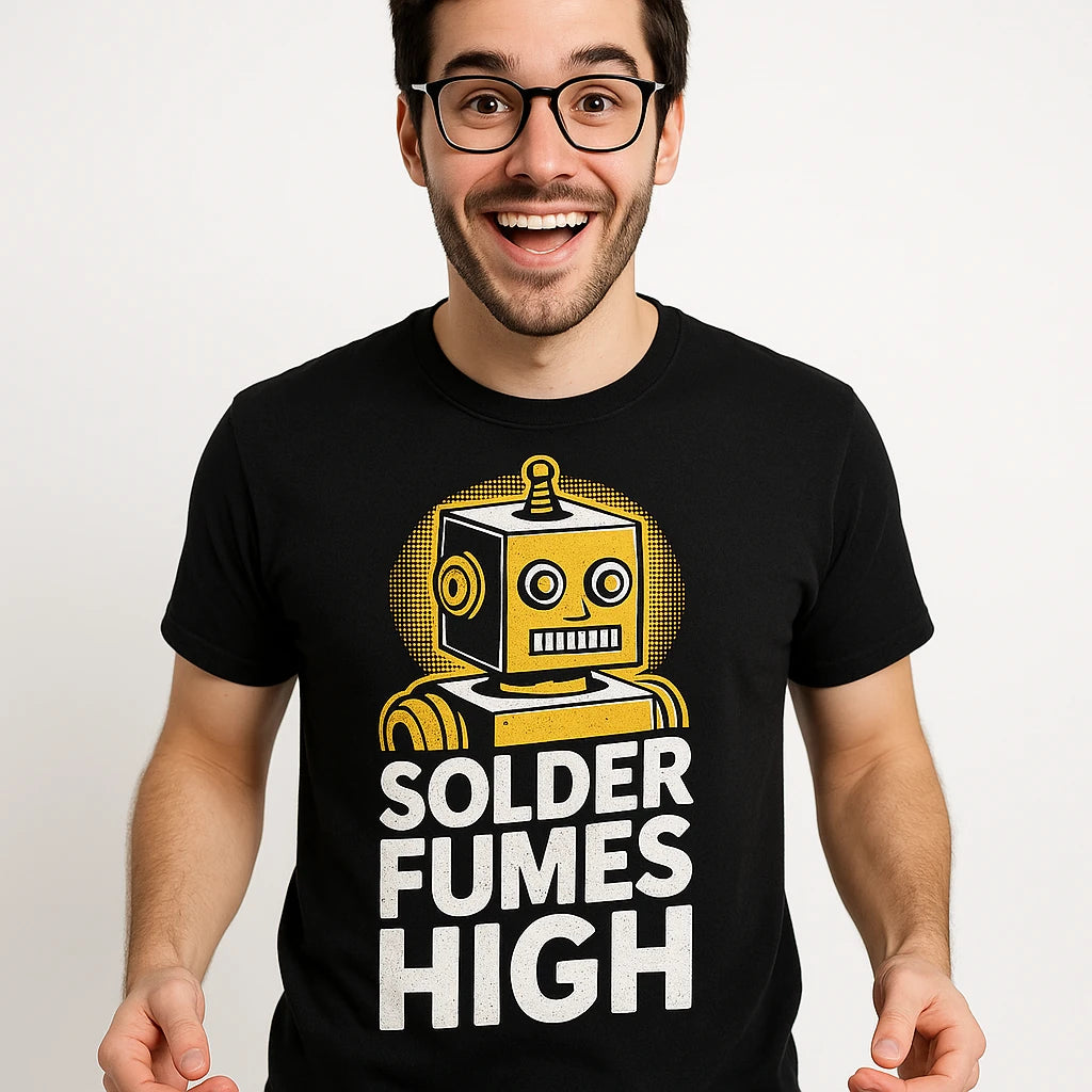 Close-up of the "Solder Fumes High" white print on a premium Bella+Canvas black robotic t shirt