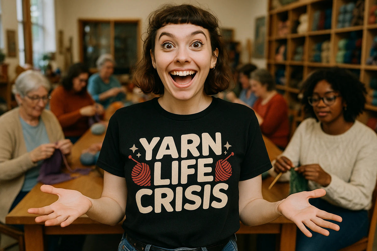 Lifestyle shot of the "Yarn Life Crisis" black knitted henley t shirt in a real-world setting