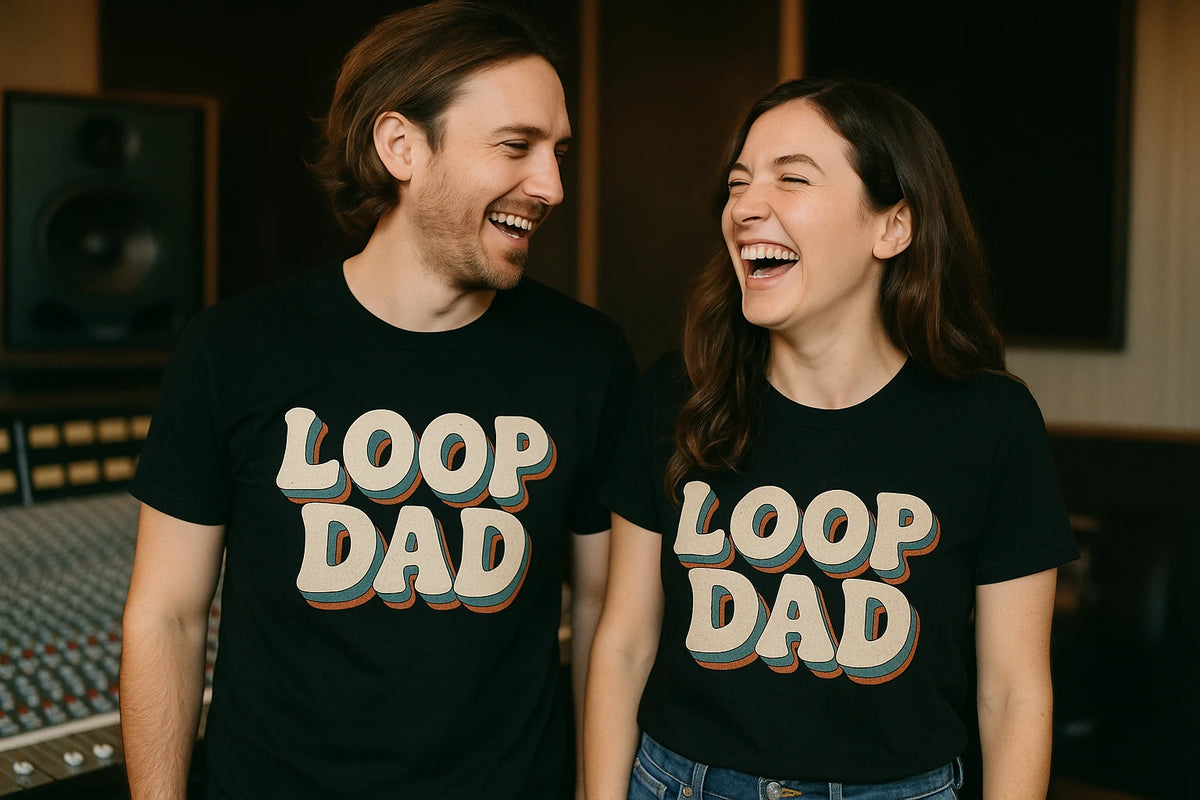 Person wearing the black producer t shirt graphic tee - "Loop Dad" design