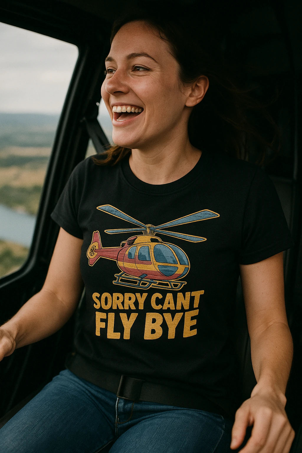 "Sorry Cant Fly Bye" black helicopter t shirt, photographed as gifts for helicopter lovers
