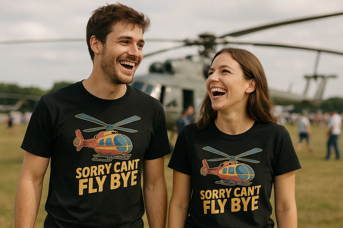 Person wearing the black helicopter t shirt graphic tee - "Sorry Cant Fly Bye" design