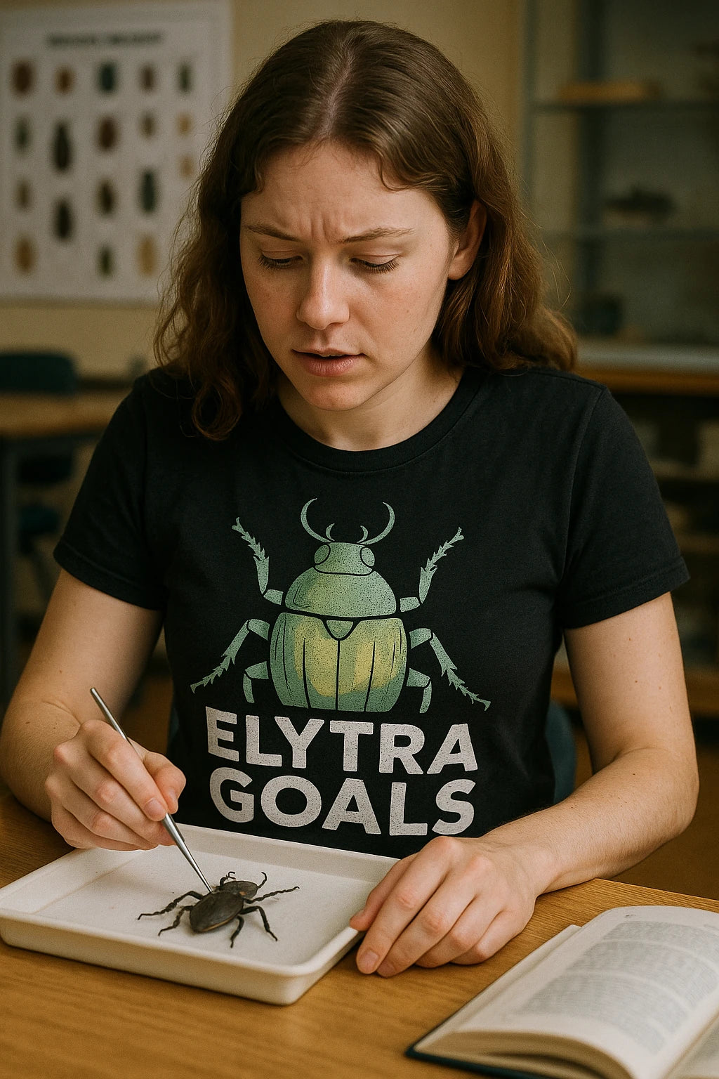 "Elytra Goals" black beetle t shirt, photographed as gifts for beetle lovers