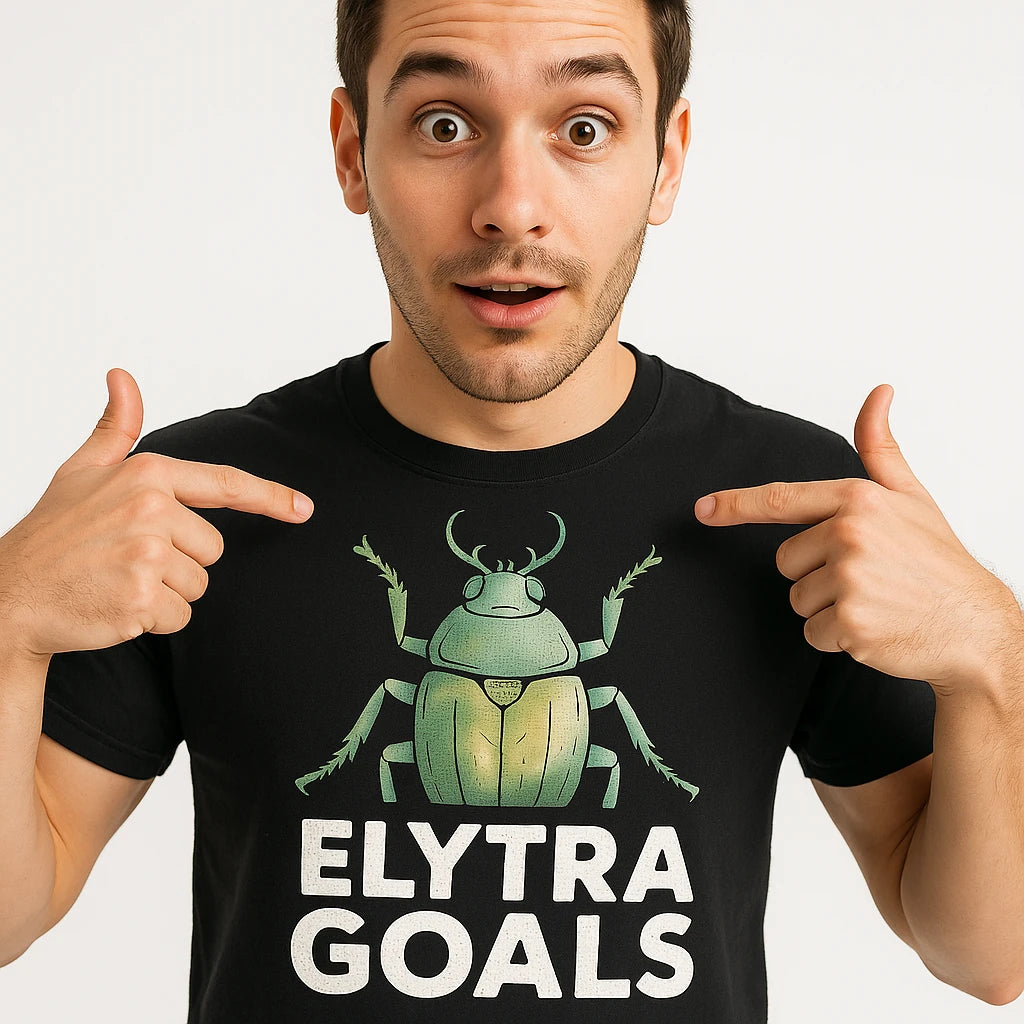 Close-up of the "Elytra Goals" gray print on a premium Bella+Canvas black beetle t shirt