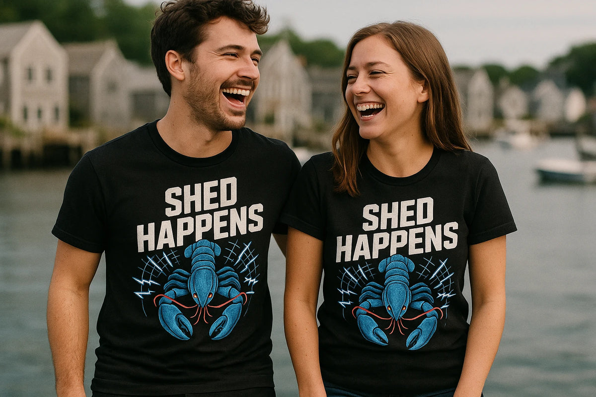 Person wearing the black lobster shirts graphic tee - "Shed Happens" design