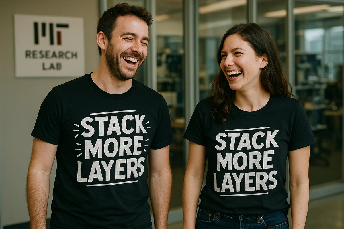 Person wearing the black artificial intelligence t shirt graphic tee - "Stack More Layers" design